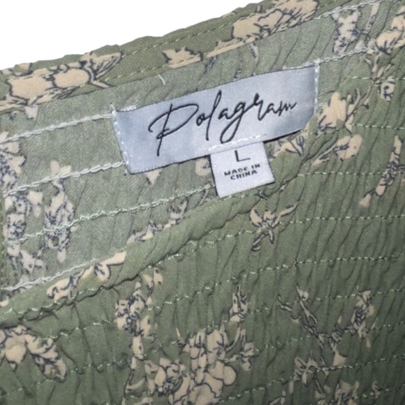 NEW POLAGRAM Sage Green Floral Puff Sleeve Smocked Tiered Midi Dress Large - Picture 5 of 5
